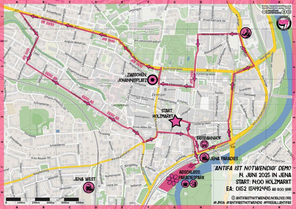 Routenkarte "Antifa ist notwendig" Demo. Route: Auftaktkundgebung Holzmarkt, Kronengasse, Am Volksbad, Knebelstraße, Fischergasse, Löbdergraben, Lutherplatz, Am Anger, Käthe-Kollwitz-Straße, Am Planetarium, Bibliotheksplatz, Weigelstraße, Johannisstraße, Zwischenkundgebung Johannisplatz, Straße des 17. Juni, Humboldtstraße, Erfurter Straße, Katharinenstraße, Lutherstraße, Ernst-Haeckel-Platz, Schillerstraße, Engelplatz, Grietgasse, Am Volksbad, Unterführung Paradiesbahnhof, Abschlusskundgebung Wiese bei den „Drei Moiren“ im Paradiespark. EA-Nummer: 0152 15492445.
